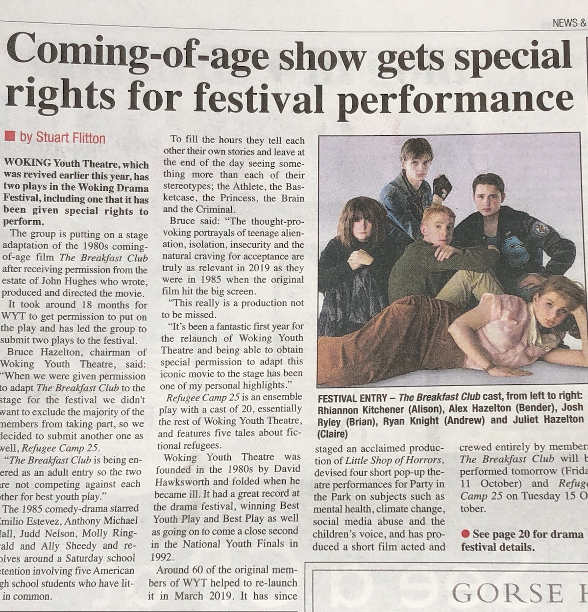 Woking News and Mail article about the youth theatre's festival entries